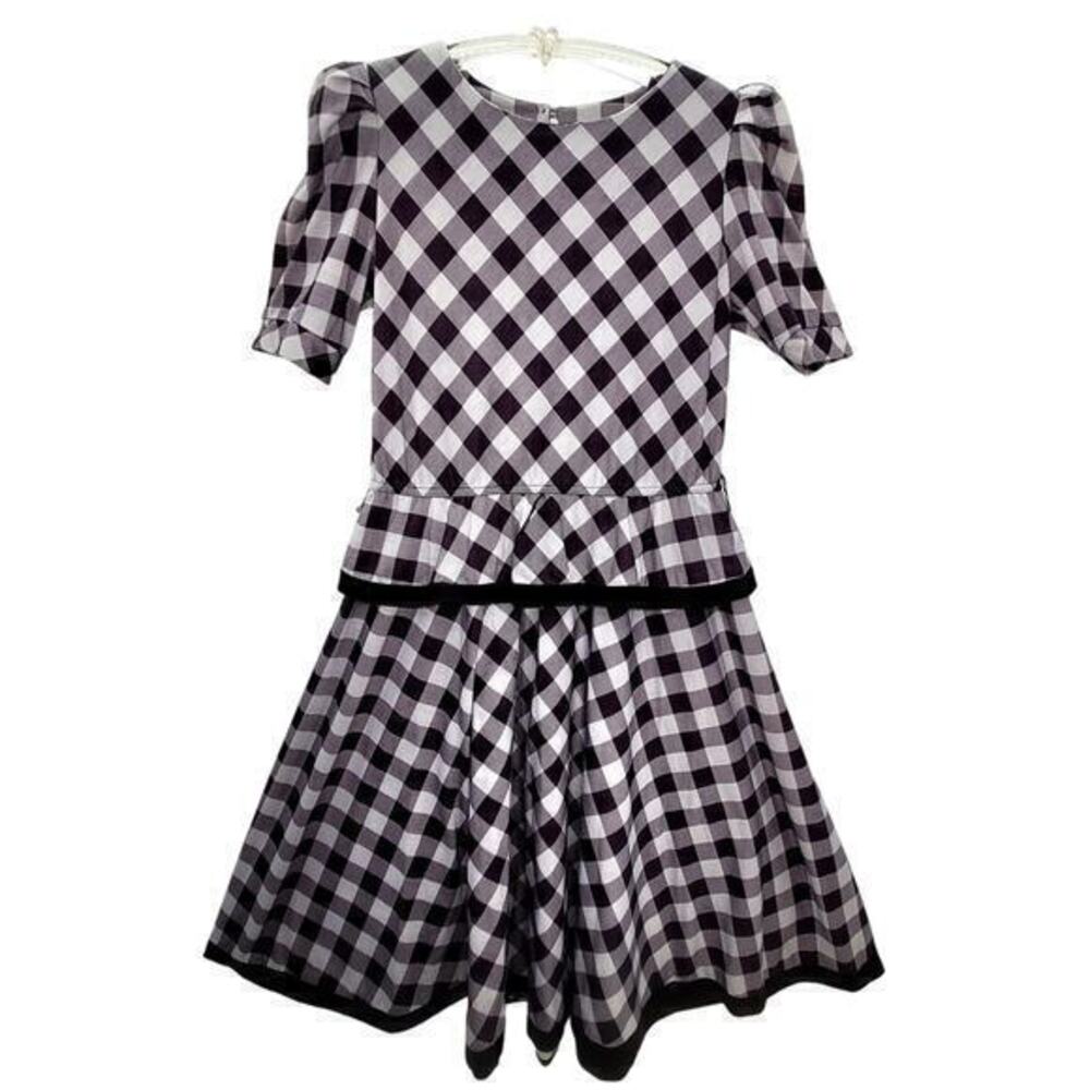 Tabby Knit Gingham Peplum Puffy‎ Short Sleeve Vintage Maxi Fit n Flare Dress